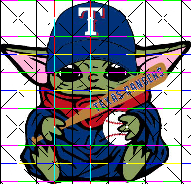 This is an image of Baby Yoda with Texas Rangers baseball